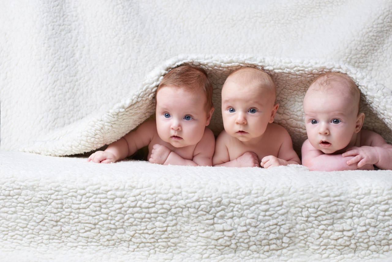 Drei Babys liegen unter einer Decke
