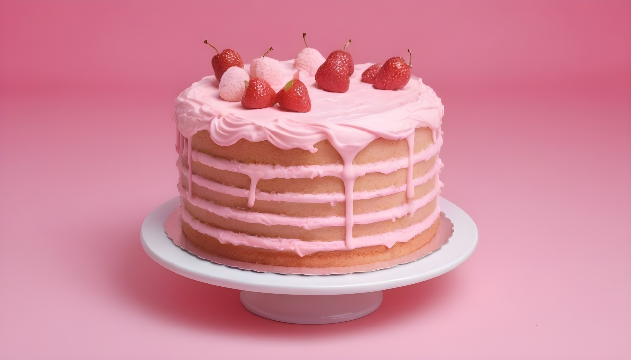 Eine Torte mit Erdbeeren und Sahne vor einem rosafarbenen Hintergrund