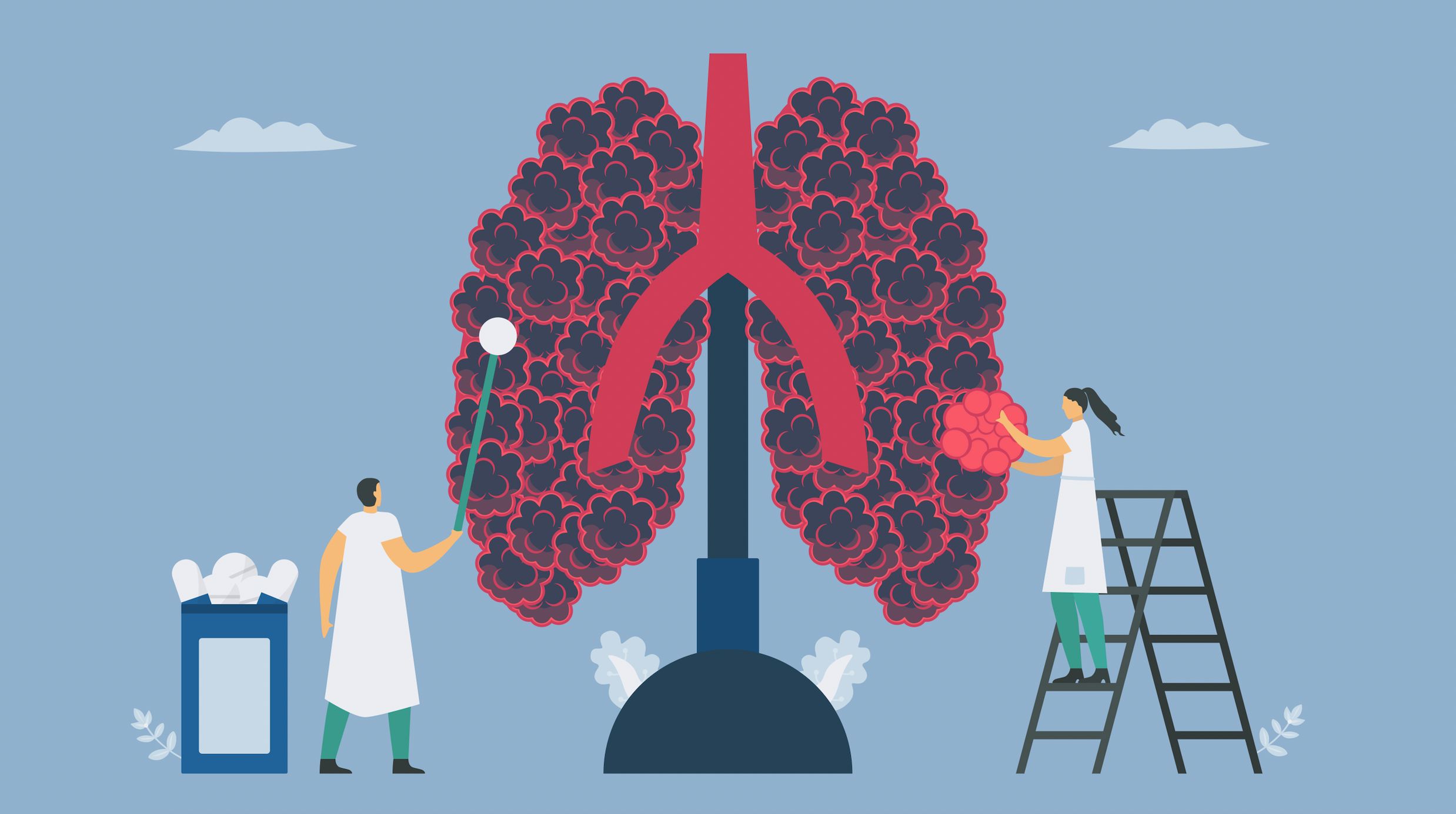 Comicartiges Bild einer großen Lunge, die von zwei Arzthelfern gereinigt wird
