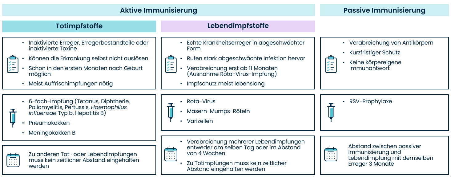 Grafik : Aktive und passive Immunisierung und deren Anwendung in den ersten Lebensmonaten