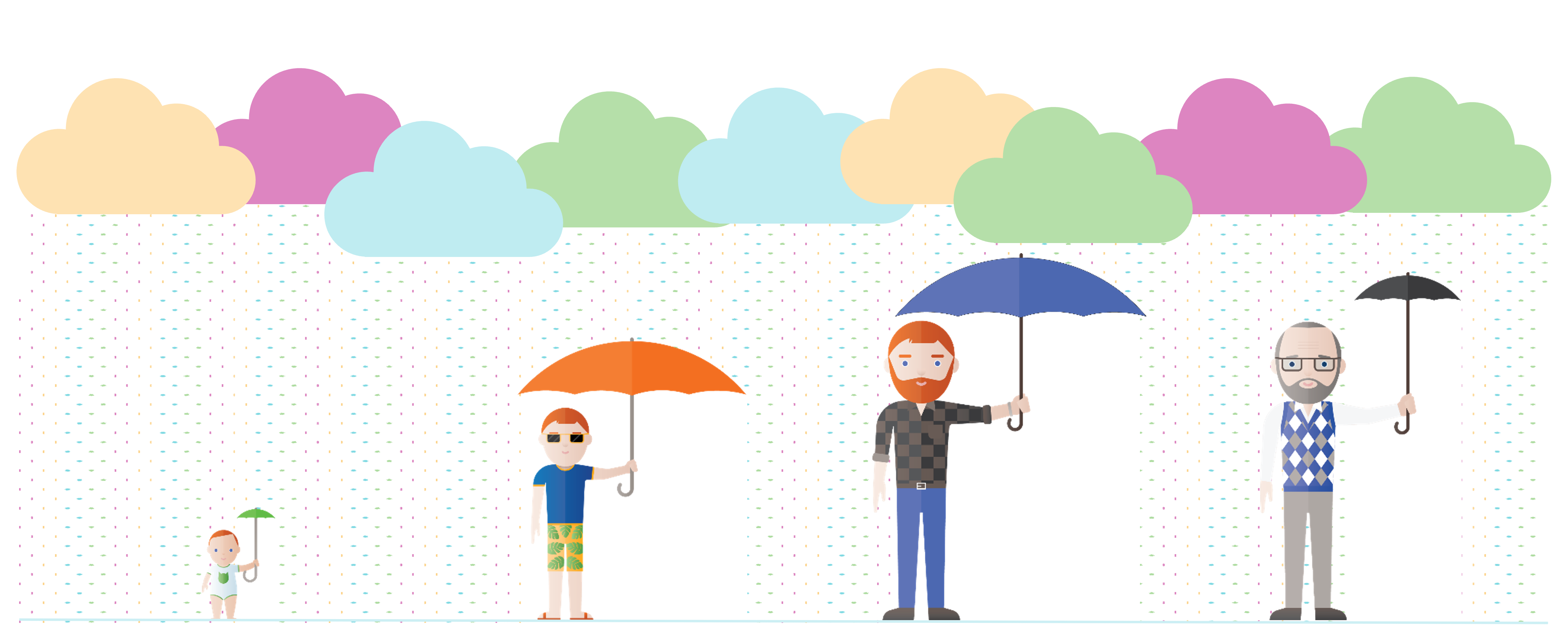 Grafik mit Männchen unter Regenschirmen