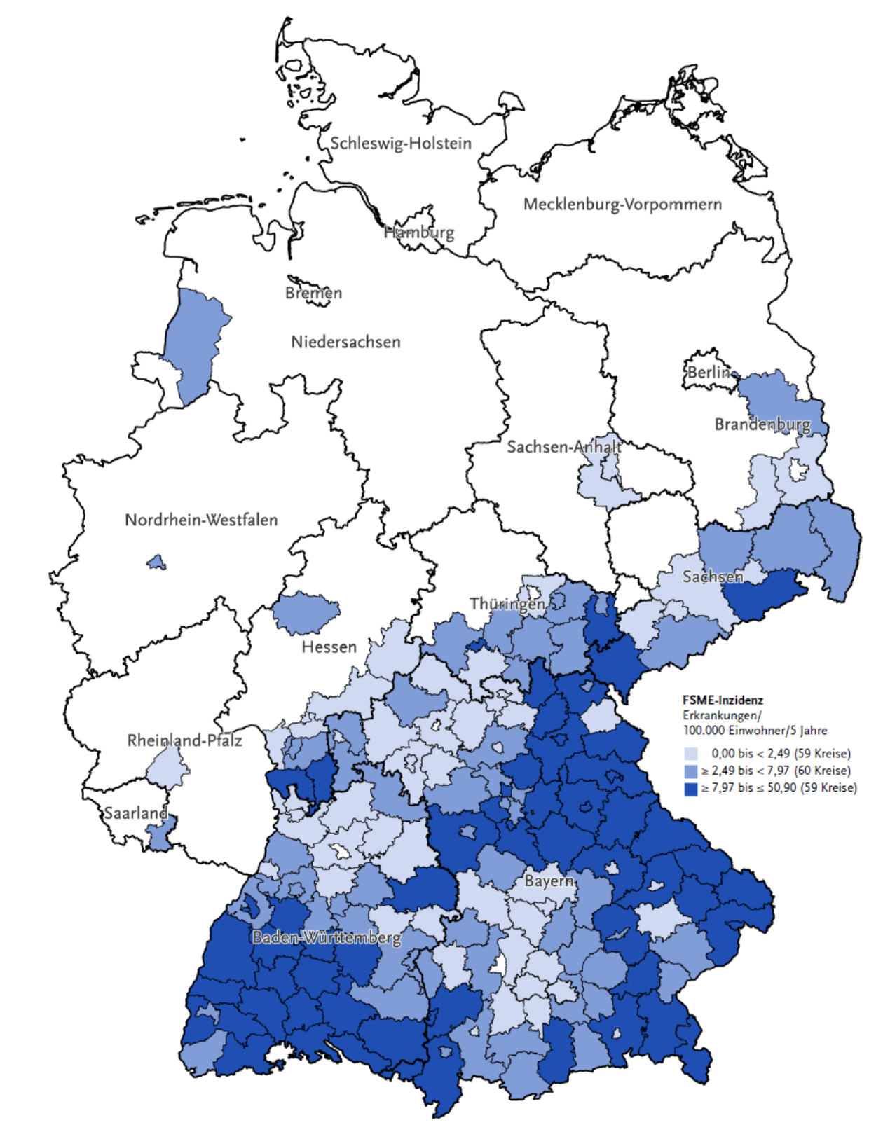 Abb. 2. FSME-Risikogebiete (n = 178) eingefärbt nach Höhe der Inzidenz im Zeitraum 2018 – 2022